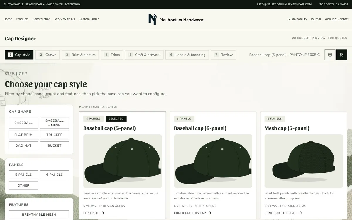 Cap Designer, step 1: choose a cap style