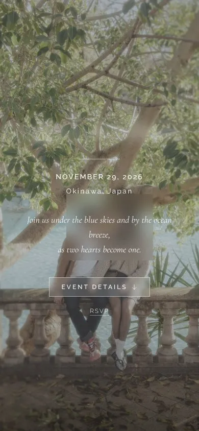 Wedding website on a phone, photos and names blurred